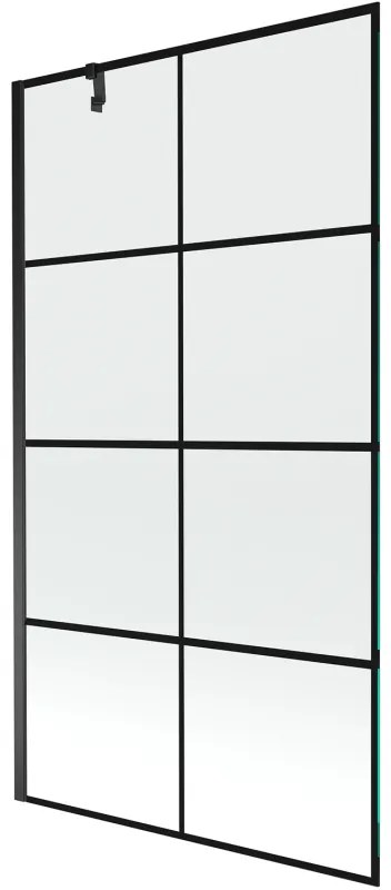Mexen Next, vaňová zástena 1-krídlová 100 x 150 cm, fixné krídlo, 6 mm číre sklo s čiernym vzorom, čierny profil, 895-100-000-00-77-70