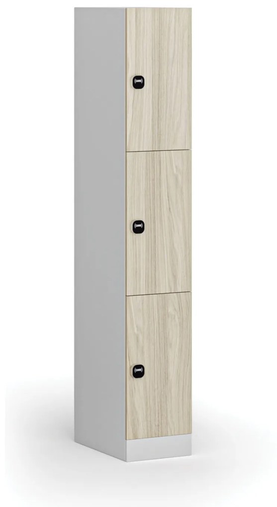 Šatníková skrinka s úložnými boxmi, 3 boxy, 1850 x 300 x 500 mm, zámok s čítačkou RFID kariet, laminované dvere, dub prírodný