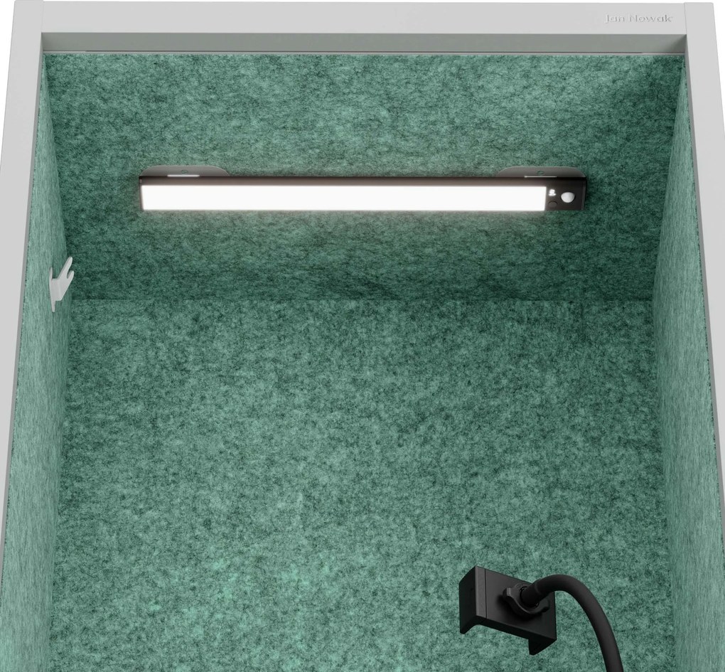 Kancelárska akustická kabína so sedadlom a portom USB-C, telo v sivá farbe / sedadlo v zelenej farbe, 600 mm: SALLY MentalBox