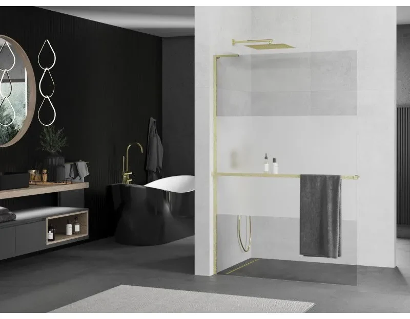 Mexen Kioto+ L, sprchová zástena Walk-In s poličkou a vešiakom 80 x 200 cm, 8mm číre sklo-námraza, zlatý matný profil, 800-080-123-55-35