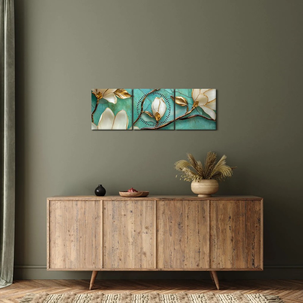 Obraz - 3D magnólia (s hodinami) (90x30 cm)