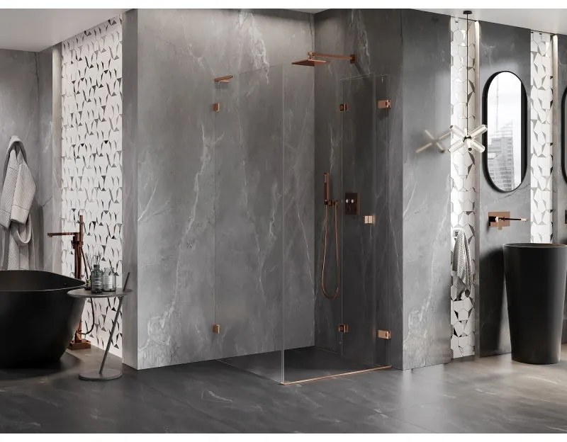 Mexen Lunar-F L, 1-krídlový sprchový kút so skladacími dverami, pravý, 90 x 90 cm, 8mm číre sklo, medený profil, 836L-090-090-65-00-P