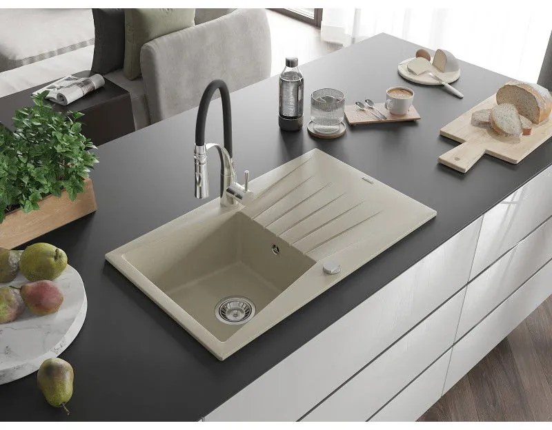 Mexen Cesar, 1-komorový granitový drez 775x470x190 mm a drezová batéria Aster, béžová, 6514-69-73450-07