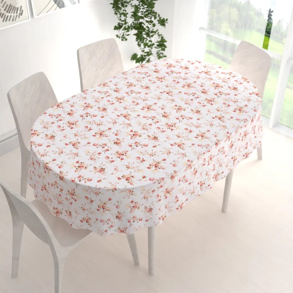 Biante Bavlnený oválny obrus Sandra SA-304 Oranžovo žlté ružičky na bielom 140x180 cm