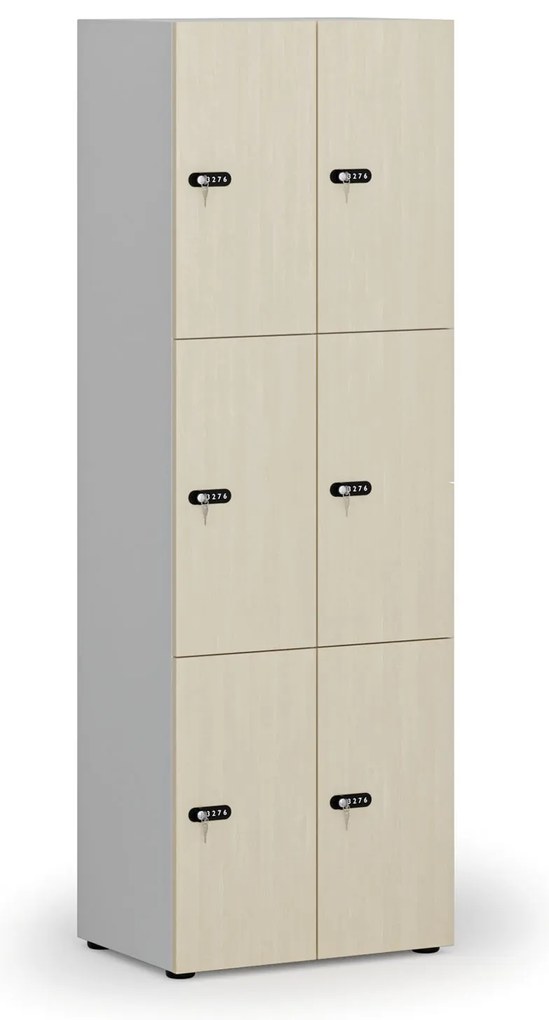 Drevená šatníková skrinka S4 s úložnými boxmi, 6 boxov, demont, mechanický kódový zámok, sivá/breza