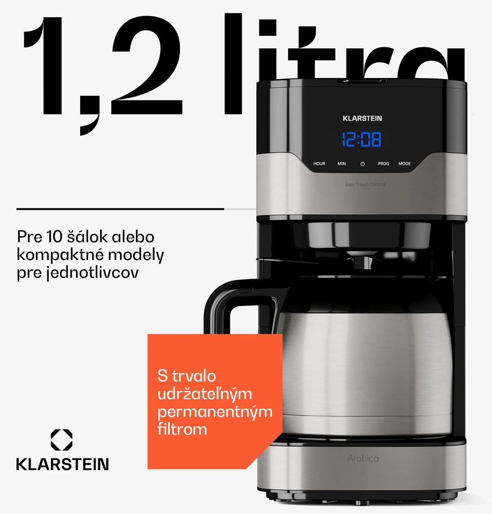 Klarstein Arabica 1.2, kávovar, 1,2 l, EasyTouch Control, strieborný/čierny