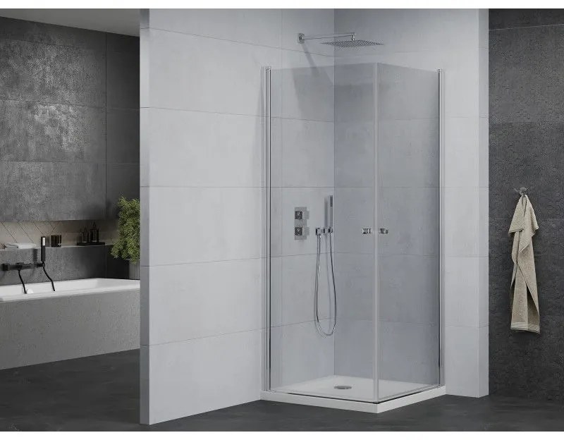 Mexen Pretoria Duo, sprchovací kút s 2-krídlovými dverami 70 (dvere) x 70 (dvere) cm, 6mm číre sklo, chrómový profil + slim sprchová vanička 5cm biela, 852-070-070-01-02-4010