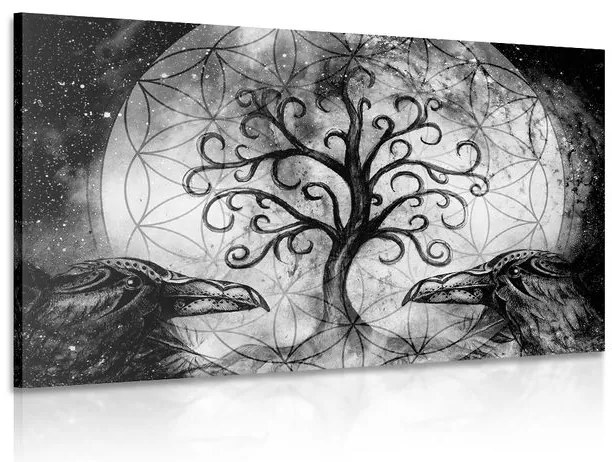 Obraz magický strom života v čiernobielom prevedení