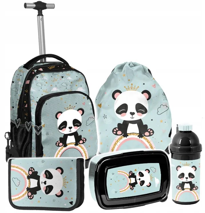 Školská taška na kolieskach - Veselá Panda 5-dielny set