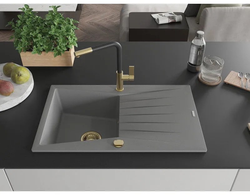 Mexen Cesar, 1-komorový granitový drez 775x470x190 mm a drezová batéria Flora, šedá, 6514-71-670401-57-G