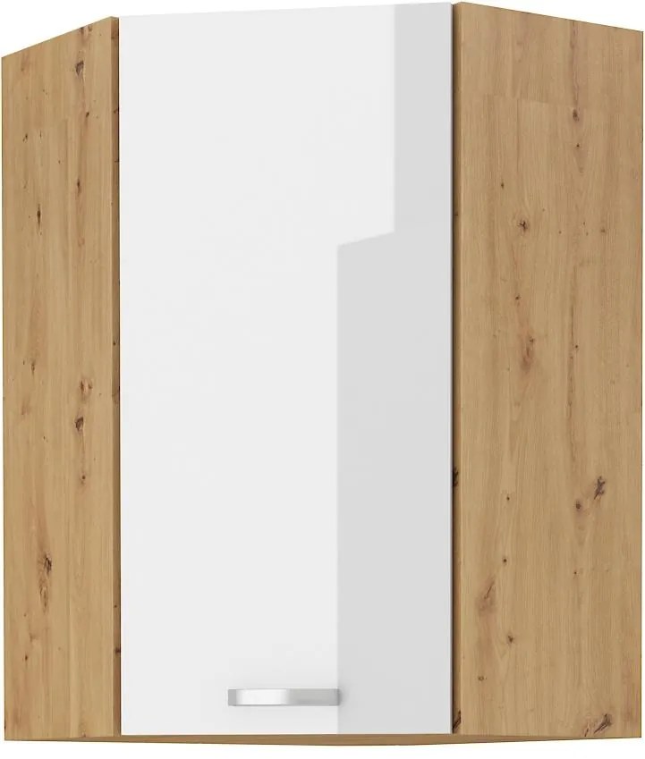 Horná rohová kuchynská skrinka Arryn 60x60 GN-90 1F (45°) (korpus: dub artisan / front: lesk biely). Akcia -6%. Vlastná spoľahlivá doprava až k Vám domov. 1134384