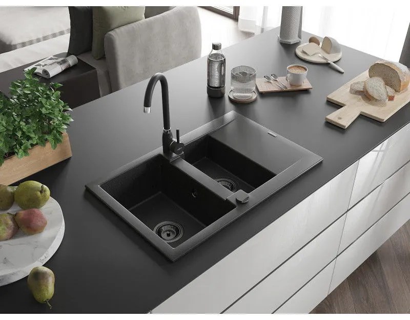 Mexen Gaspar, granitový drez 737x475x177 mm, 1,5-komorový, čierna-strieborná metalíza s čiernym sifónom, 6507731505-73-B