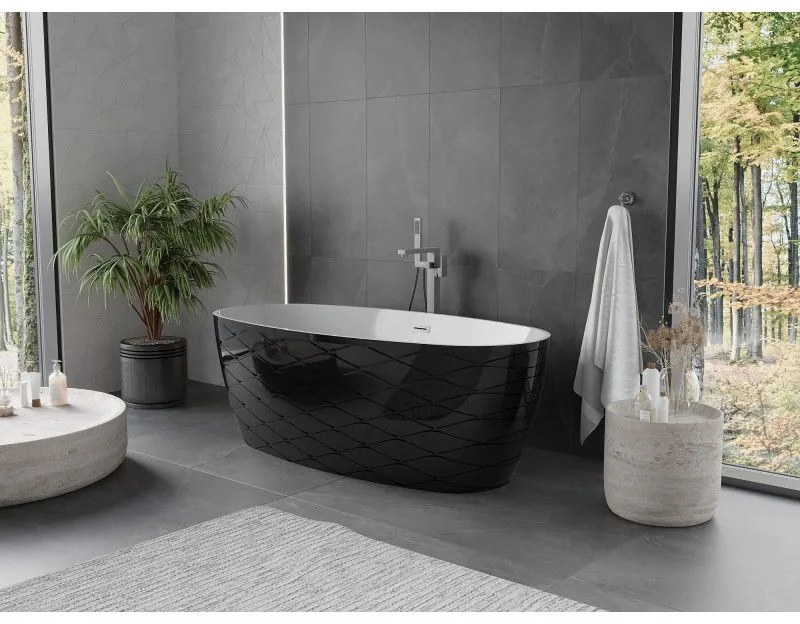Mexen Olea, voľne stojaca vaňa, vzor, 170 × 80 cm, biela-čierna, grafitový prepad, 52821708075-66