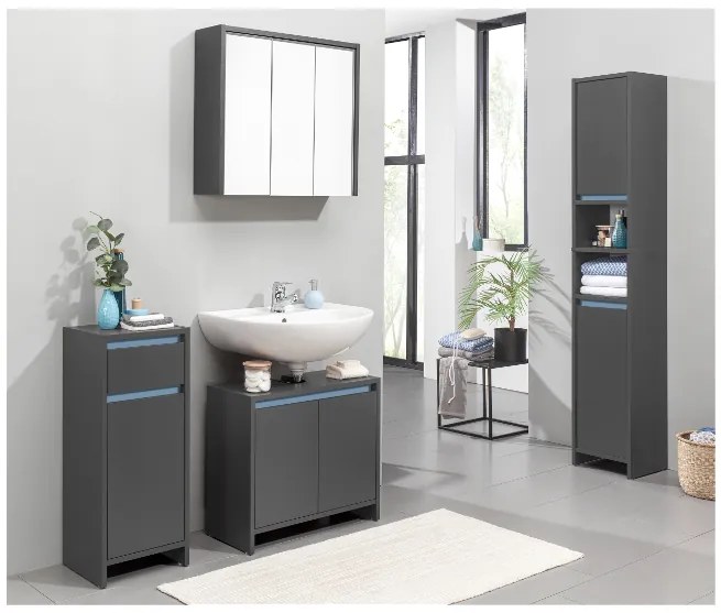 Livarno home Skrinka so zrkadlom Oslo + Skrinka pod umývadlo Oslo s 2 dvierkami + Vysoká skrinka Oslo do kúpeľne (800011384)