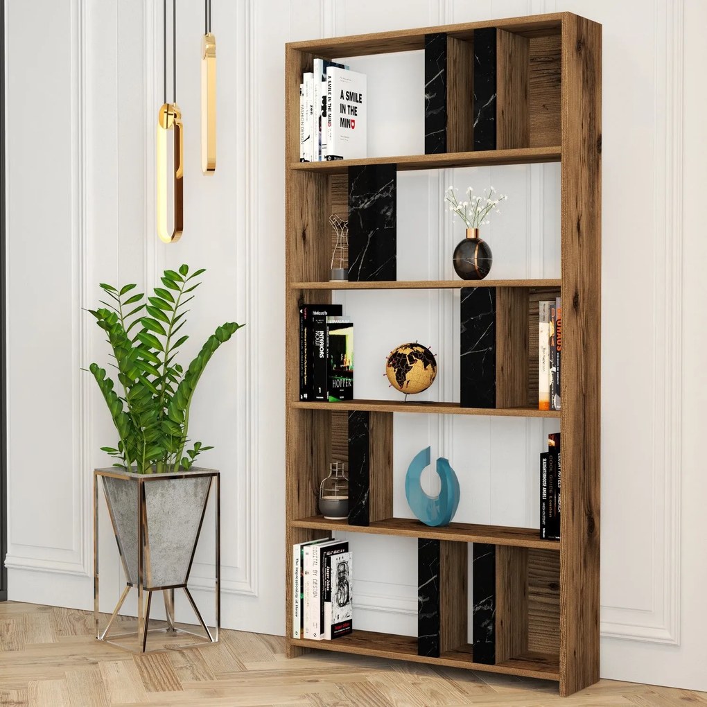 Knižnica Lima - Walnut, Black Marble