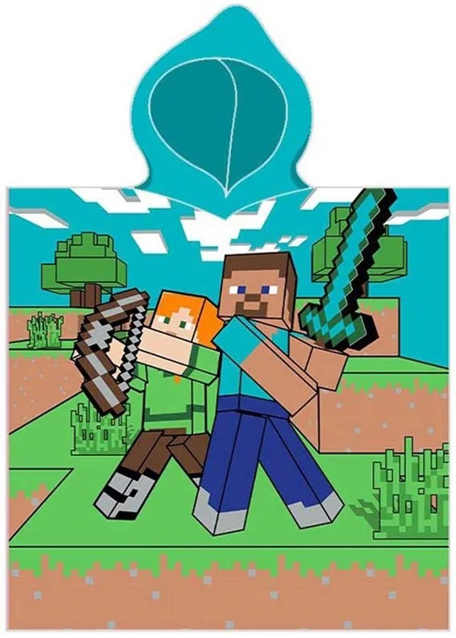 Detské plážové pončo - osuška s kapucňou Minecraft - motiv Alex a Steve - 100% bavlna - 50 x 115 cm / pre deti 3 - 6 rokov