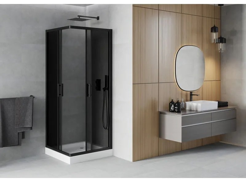 Mexen Rio, štvorcový sprchovací kút s posuvnými dverami 70(dvere) x 70(dvere) x 190 cm, 6mm šedé sklo, čierny profil + biela sprchová vanička RIO, 860-070-070-70-40-4510