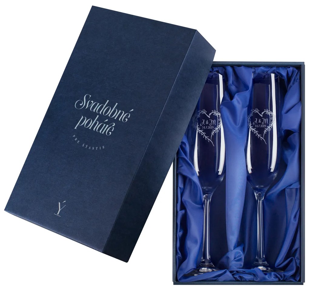 Darčeková krabička na sektové svadobné poháre modrý satén