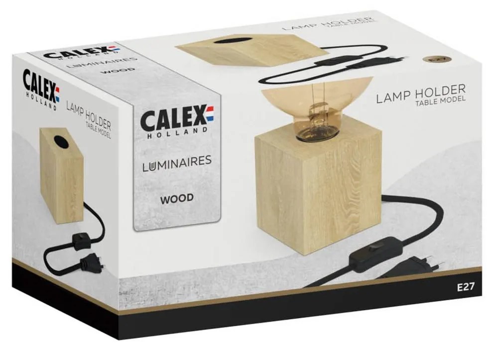 Calex stolová lampa v tvare kocky s drevenou dyhou