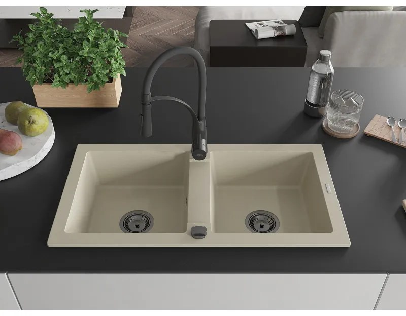 Mexen Mario, granitový drez 820x436x161 mm, 2-komorový a drezová batéria Aster, béžová, 6504-69-73450-70-B