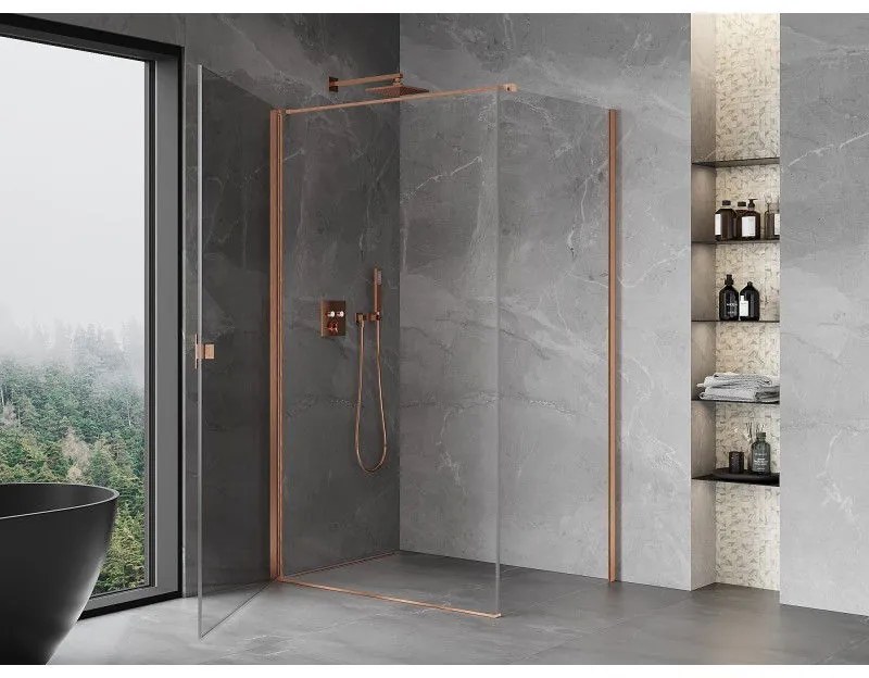 Mexen Mist-B, 1-krídlový výklopný sprchový kút 85 x 70 cm, číre sklo, medený matný profil, 8A2T-085-070-65-00