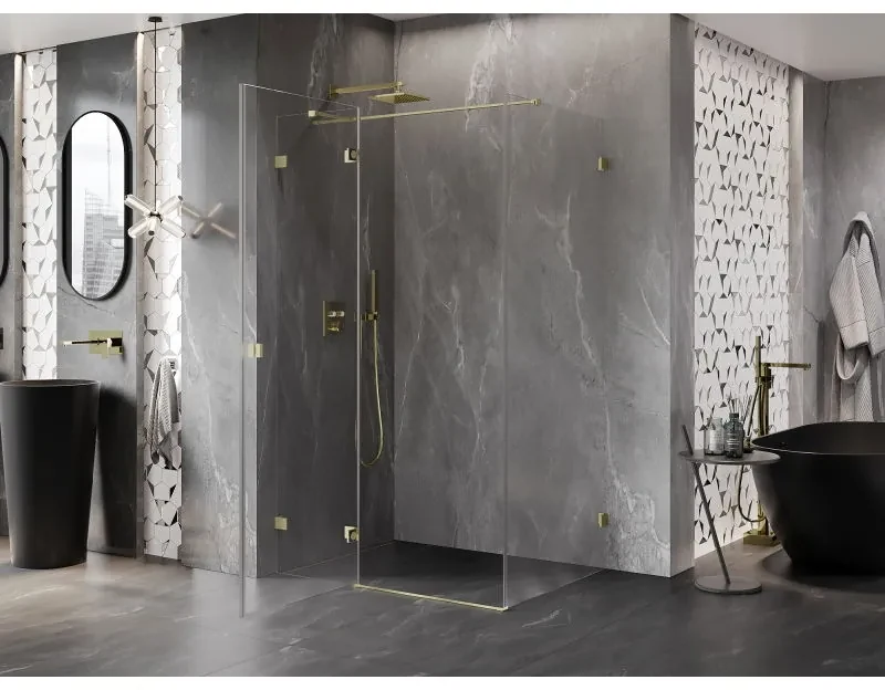 Mexen Lunar T, sklápací sprchový kút ľavý 115 x 90 cm, 8mm číre sklo, zlatý matný profil, 834T-115-090-55-00-L