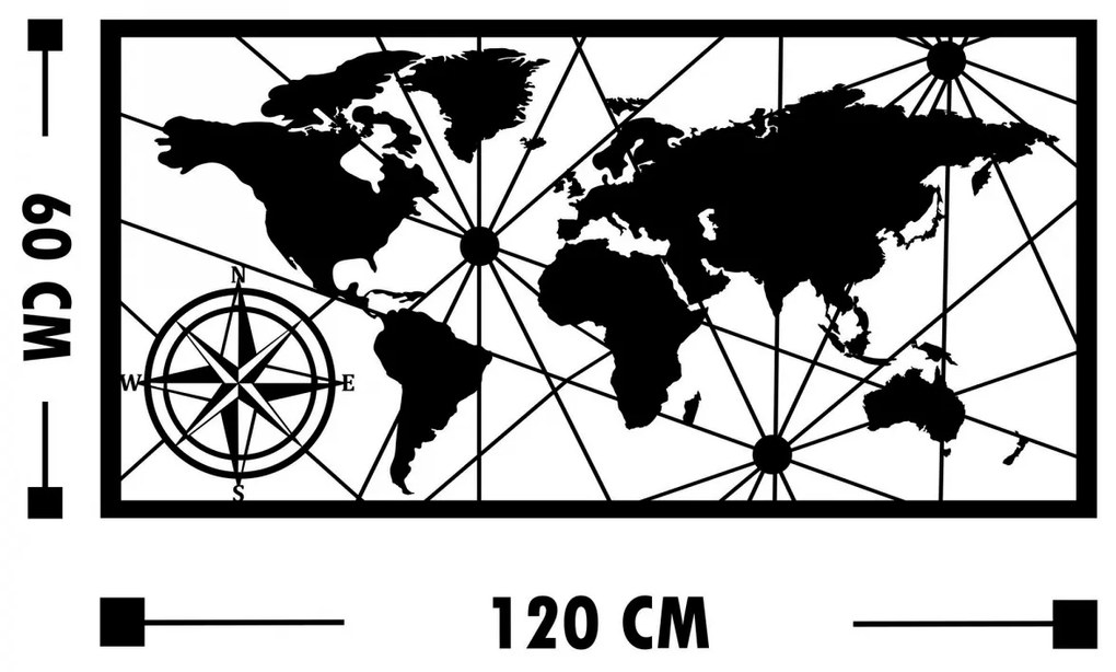 Nástenná kovová dekorácia Mapa sveta kompas 120x60 cm čierna