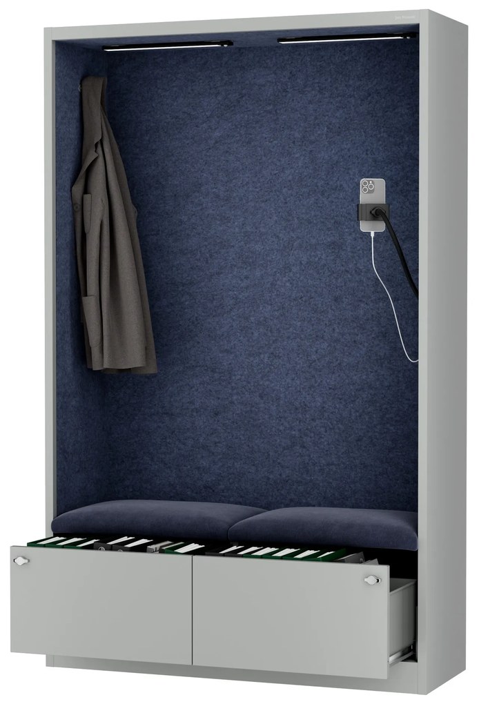 Akustická kabína SALLY MentalBox 1150 mm – sivý korpus, tmavomodré sedadlo