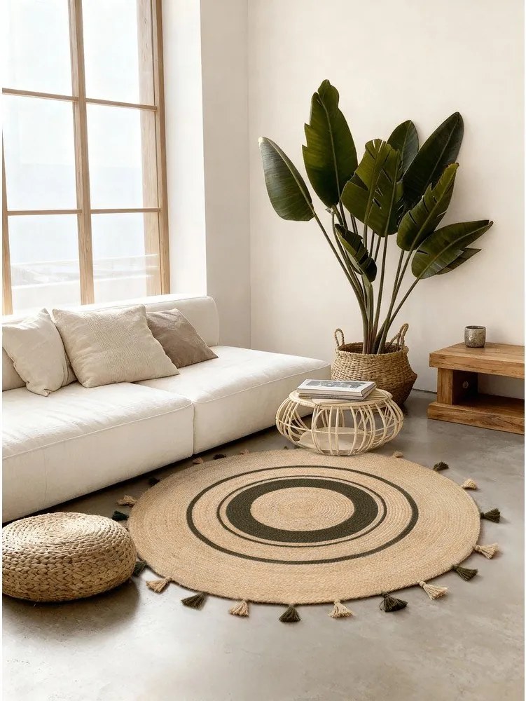 Obojstranný/ručne tkaný jutový okrúhly koberec v prírodnej farbe ø 150 cm Basil – Hanse Home