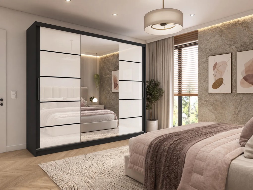 Šatníková skriňa 232 cm Belini čierny mat / biely lesk s posuvnými dverami zrkadlom a zásuvkami  MGB SZP8/0/B/2W1L/KLP