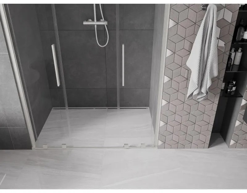 Mexen Velar L Duo, posuvné sprchové dvere do otvoru 150 cm, 8mm číre sklo, brúsená oceľ, 871-150-003-02-97
