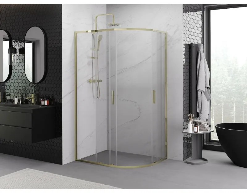 Mexen Exo, polkruhový posuvný sprchový kút 90 x 80 cm, číre sklo, zlatá, 8132-090-080-50-00