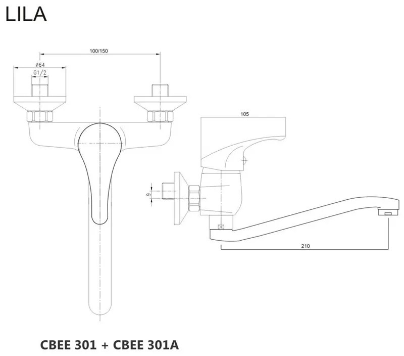 Mereo, Drezová nástenná baterie, Lila, s ramienkom plochým vyhnutým 200 mm, chróm, MER-CBEE30105