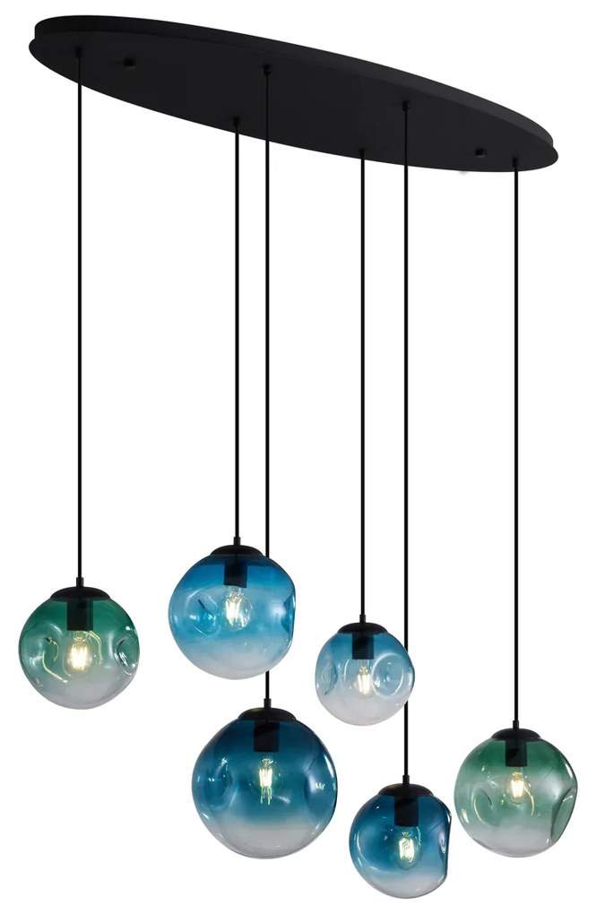 Art Deco závesná lampa čierna s oválnou stropnou doskou a zeleným a modrým sklom 6-svetelná - Douglass