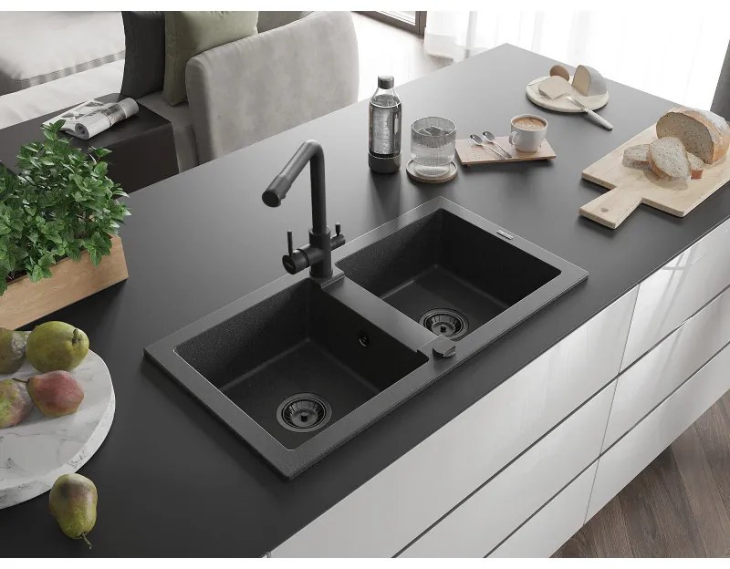 Mexen Mario, 2-komorový granitový drez 820x436x161 mm a čierna drezová batéria Duero, čierna škvrnitá, 6504-76-671600-70-B