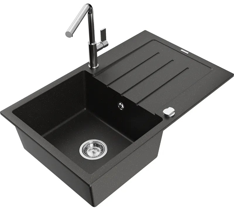 Mexen Bruno, 1-komorový granitový drez 795x495x200 mm a drezová batéria Flora, čierna-zlatá metalíza, 6513-75-670401-00