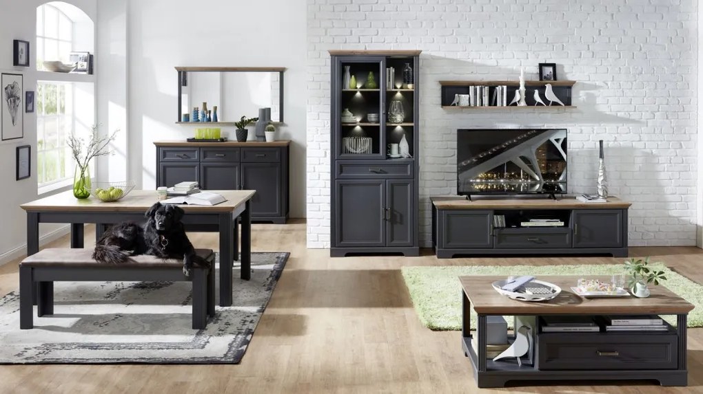 Široká vitrína Jasmin, grafit/dub, s osvetlením