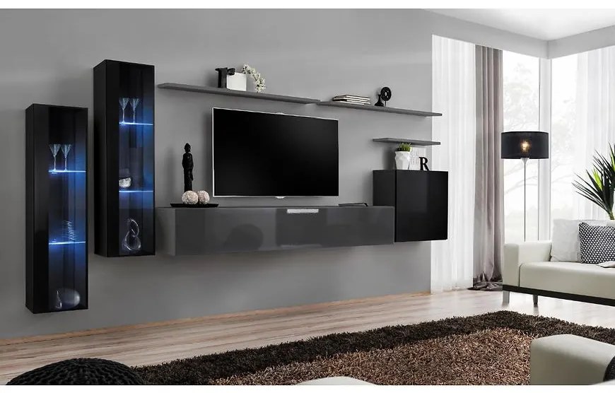 Obývacia stena Switch Sklo +LED XI čierna /Grafit
