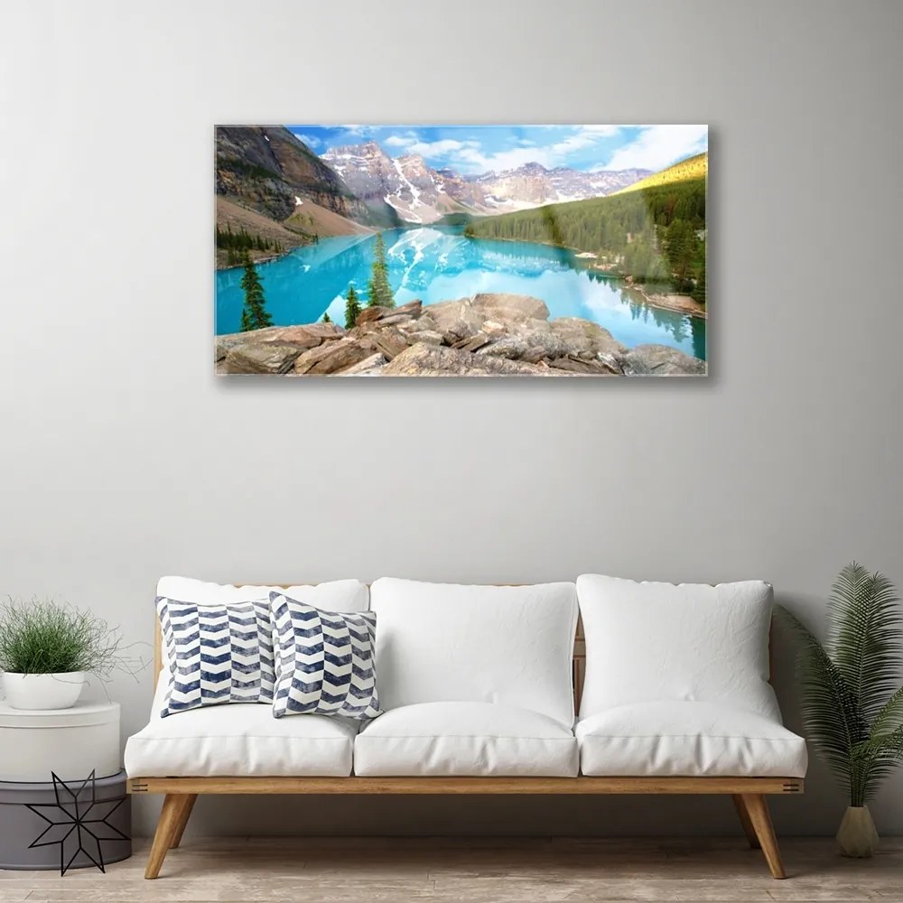 Obraz na skle Hory jazero príroda 140x70 cm