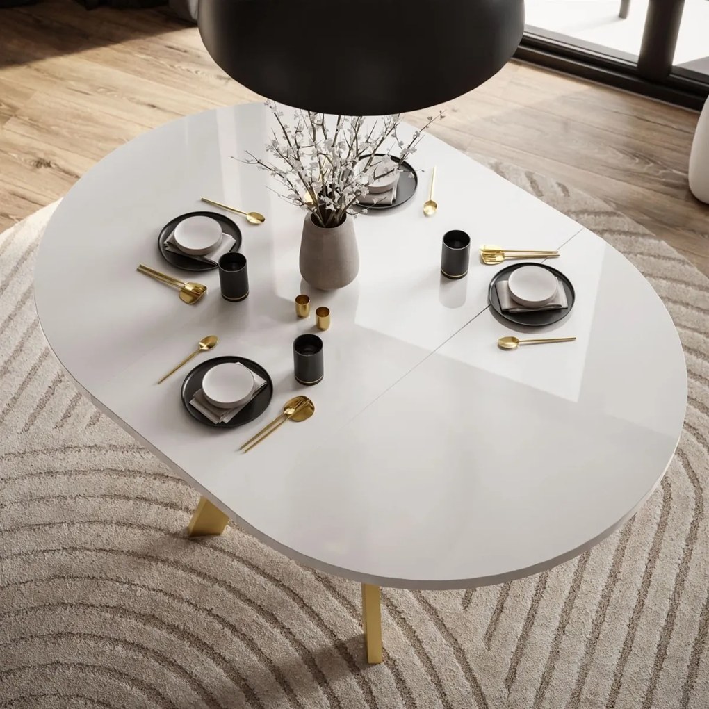 OKRÚHLY ROZKLADACÍ JEDÁLENSKÝ STÔL EWALD BIELY LESK + ZLATÉ NOHY 100/140 cm