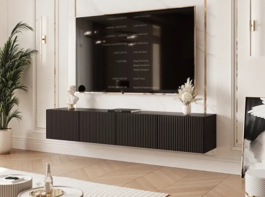 TV skrinka DOROTHY závesná 200cm čierna drážkovaná