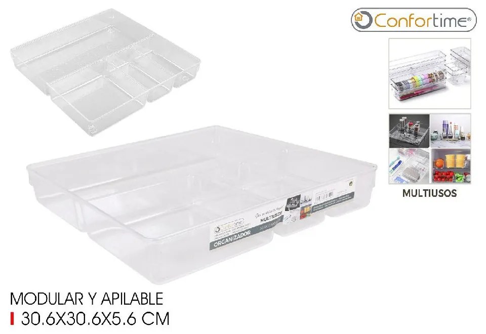 2. akosť - Organizér, vložka do zásuvky, transparentný FLEXI, 4 priehradky, celkom 31x31 cm
