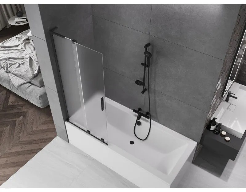 Mexen Velar L, 2-krídlová posuvná vaňová zástena 80 x 150 cm, 8mm sklo námraza, čierna matná, 896-080-003-31-70