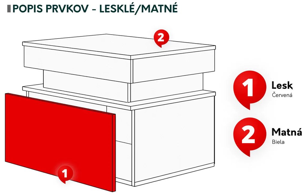 Nočný stolík Lesteralo 1S (biela + lesk biely) (s modrým LED osvetlením). Vlastná spoľahlivá doprava až k Vám domov. 1104512