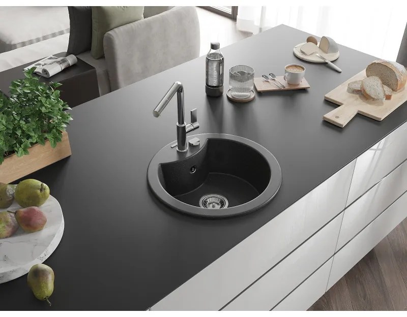 Mexen Diego, 1-komorový granitový drez 488x488x167 mm a drezová batéria Flora, čierna škvrnitá, 6512-76-670401-00
