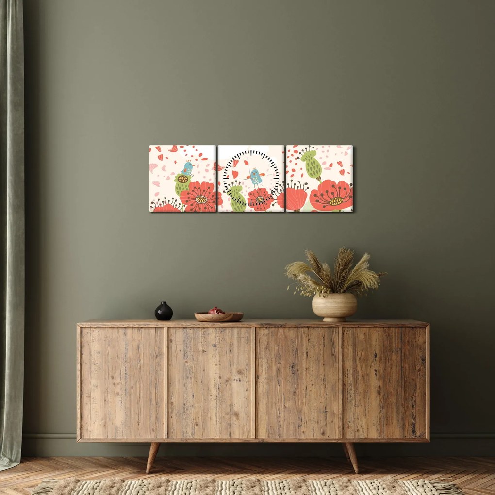 Obraz - Vtáčiky na rozkvitnutej lúke (s hodinami) (90x30 cm)