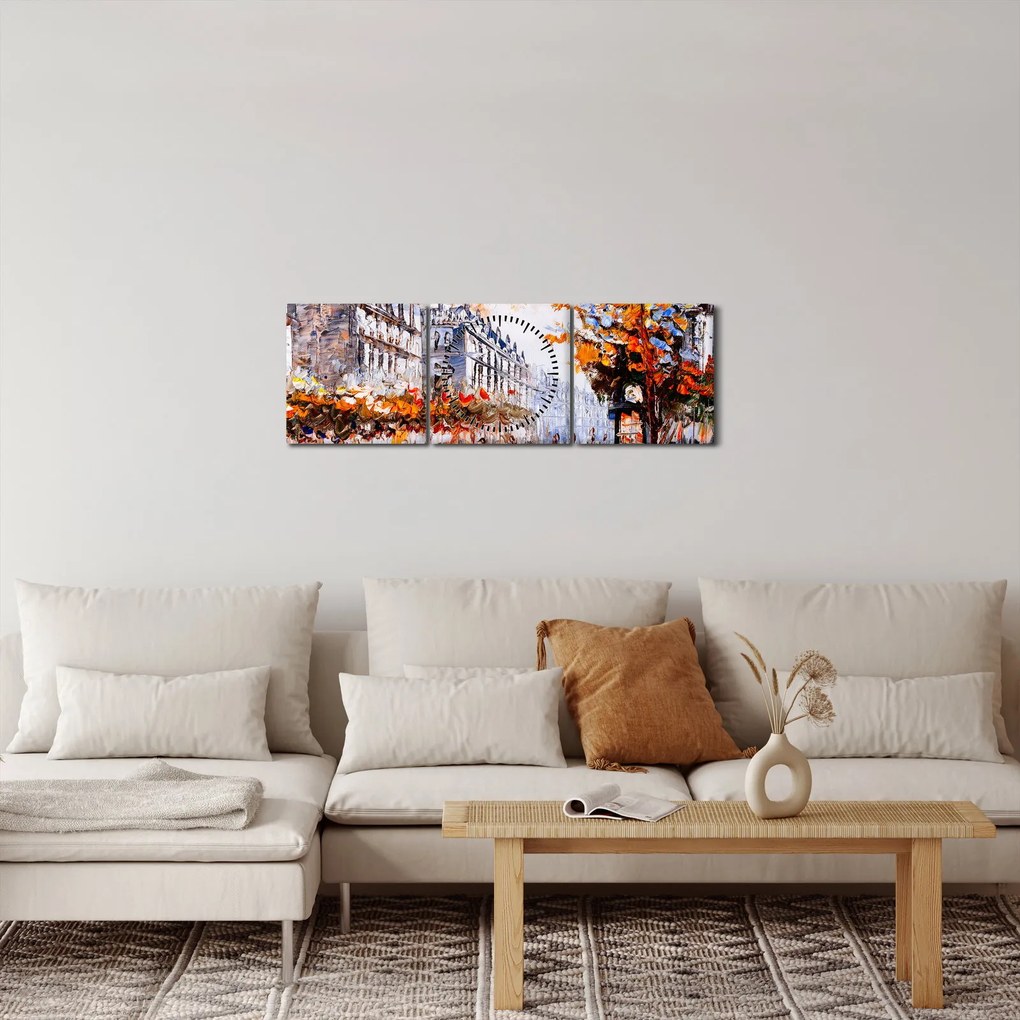 Obraz - Život v meste (s hodinami) (90x30 cm)