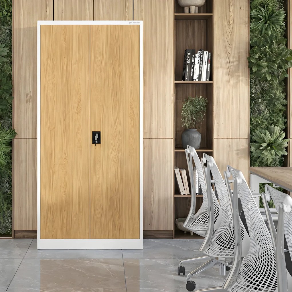 Kovová kancelárska skriňa na dokumenty, vysoká, biela/zlatý dub, 900x1950x400 mm: JAN H Eco Design