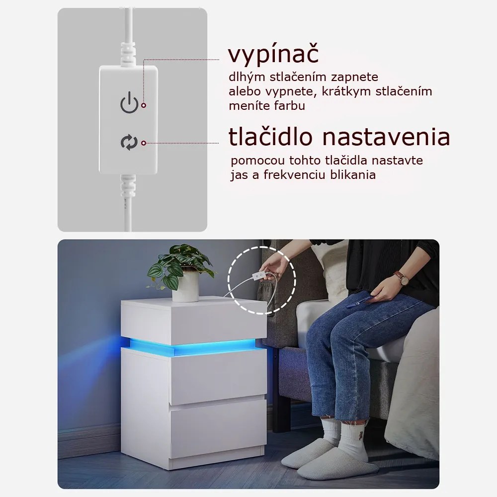 Nočný stolík s podsvietením DAVY, 40x35x55cm, biela Vasagle