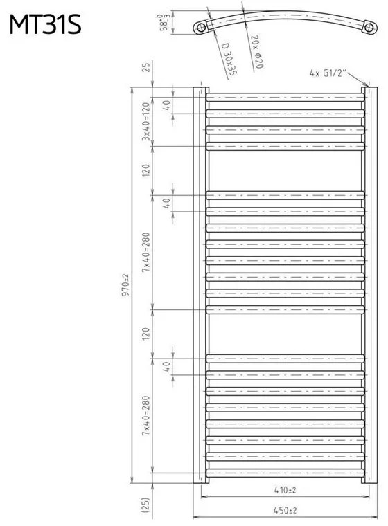 Mereo, Vykurovací rebrík 450x970 mm, oblý, biely, stredové pripojenie, MER-MT31S